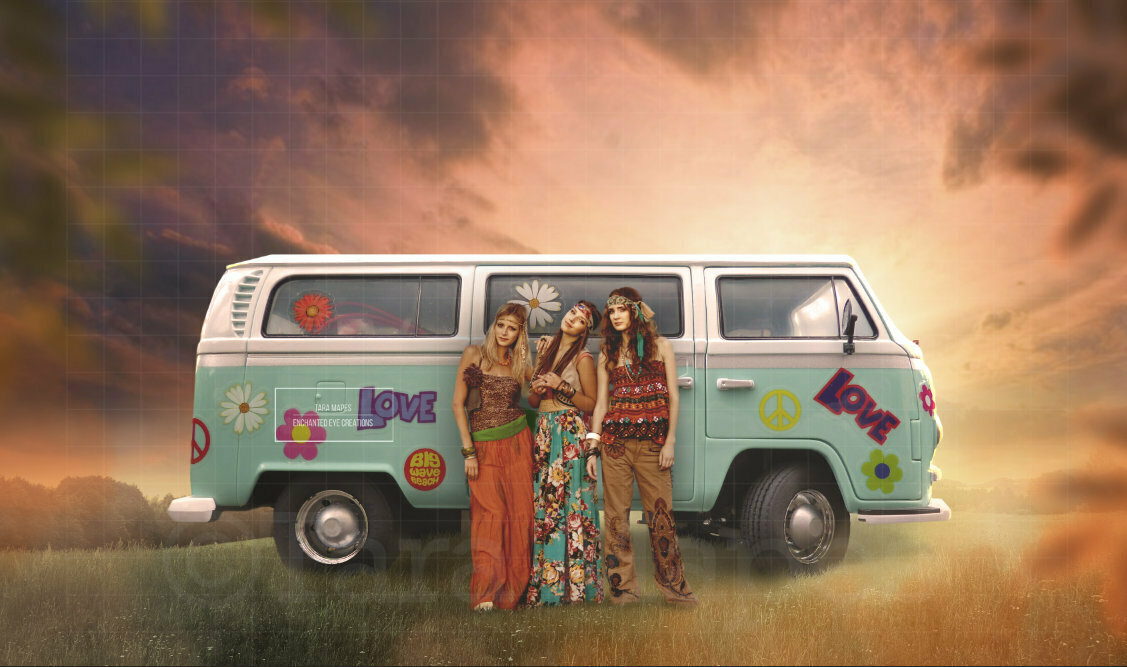 Hippie Van in Field at Sunset Digital Background Backdrop