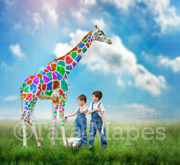 Rainbow Giraffe - Giraffe with Colored Spots - Painting a Giraffe Digital Background Backdrop