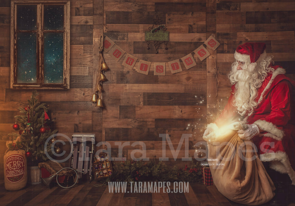 Father Christmas and Magic Sack in Cabin Wood  House Vintage Victorian Christmas Digital Background Backdrop