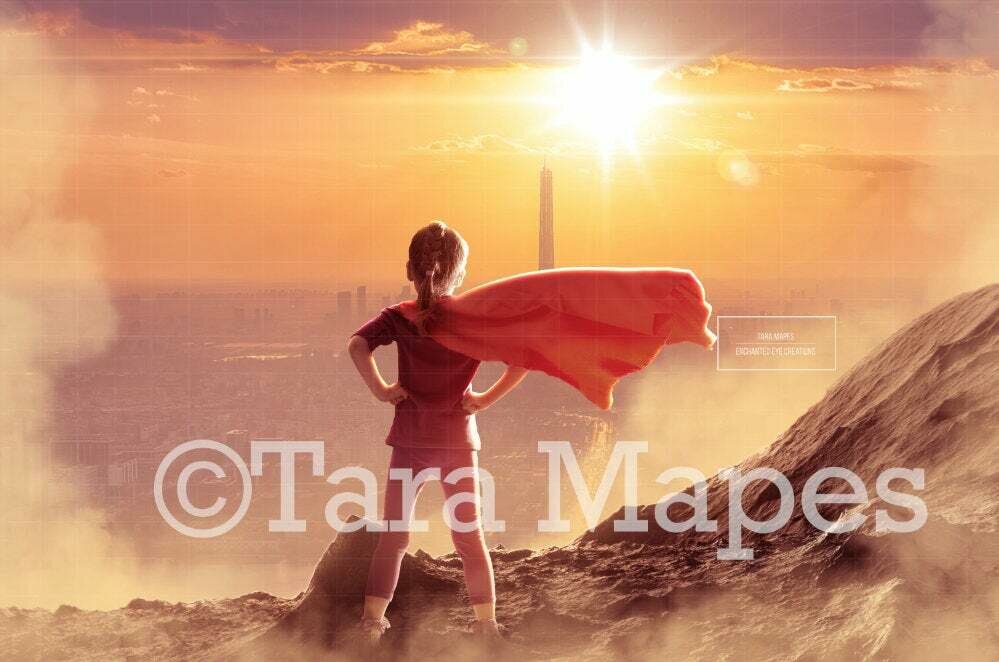 Superhero Over City at Sunset Digital Background Backdrop