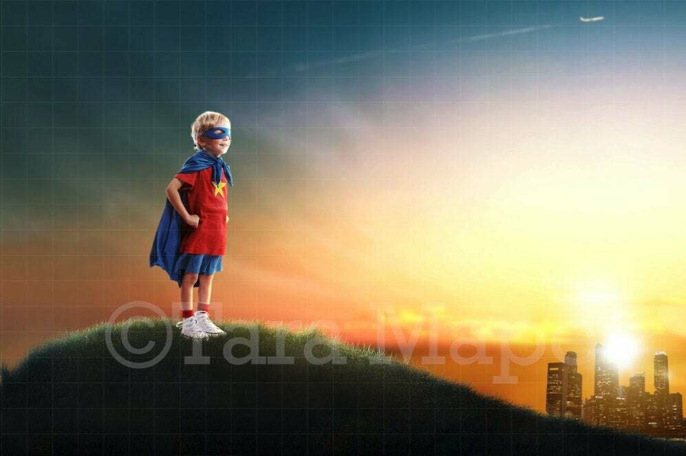 Superhero on Hill over City Digital Background / Backdrop