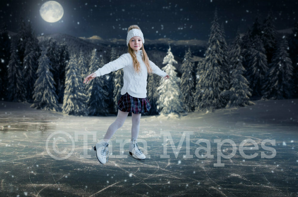 Frozen Pond by Pines -  Ice Skating -Winter Snowy Scene - Christmas Digital Background Backdrop