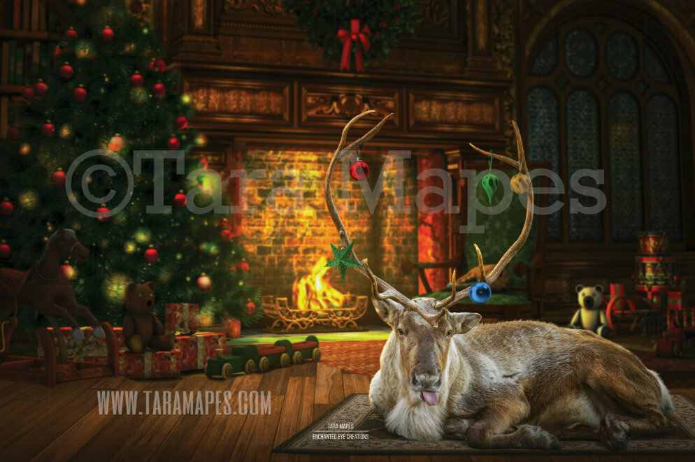 Funny Reindeer Sticking out Tongue - Cozy Christmas Fireplace - Reindeer by Tree - Christmas Holiday Digital Background Backdrop