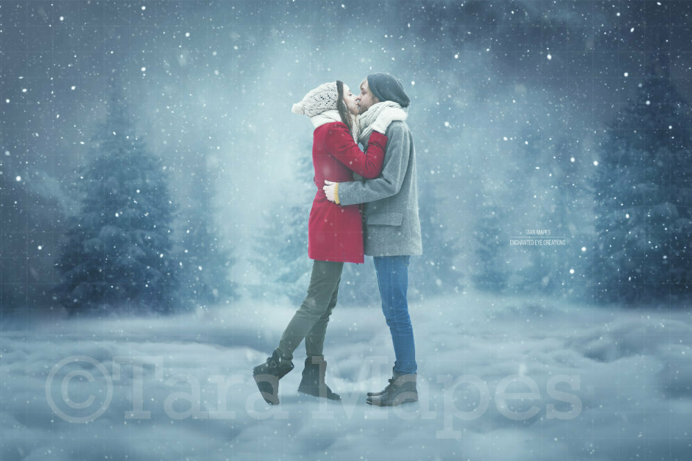 Winter Snowy Scene with Pine Trees Christmas Holiday Engagement Wedding Digital Background Backdrop