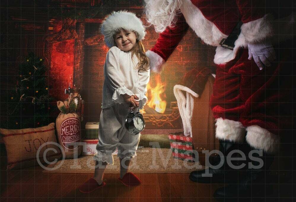 Santa by Fireplace with Hand Out Leaning in Christmas Digital Background Backdrop