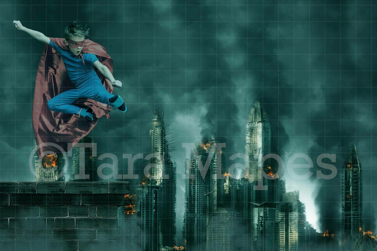 Superhero roof scene - Roof Over Burning City Digital Background
