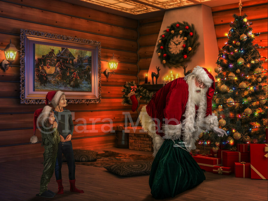 Santa with Sack by Tree - Catching Santa - Santa Caught - Cozy Christmas Scene - Christmas Holiday Digital Background Backdrop