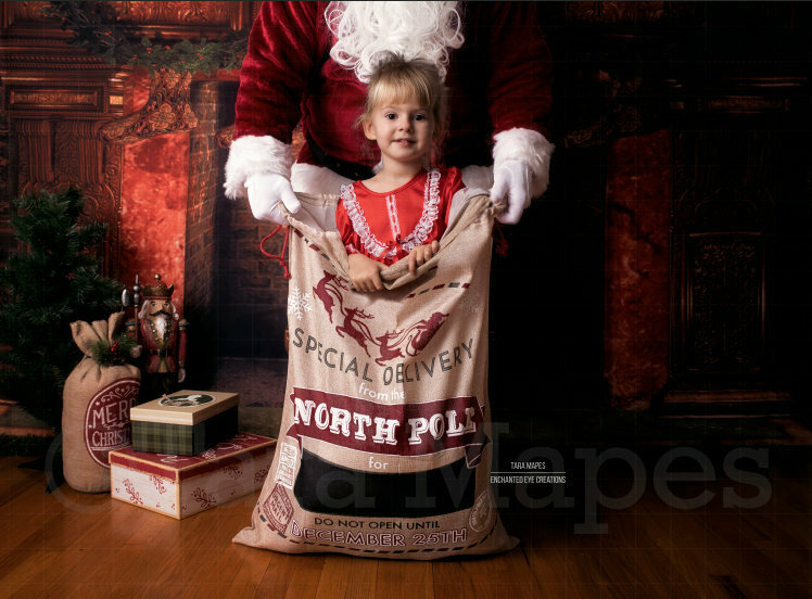 In Santa's Sack- Santa's Bag - Santa by Fireplace - Winter Holiday - Christmas Digital Background Backdrop