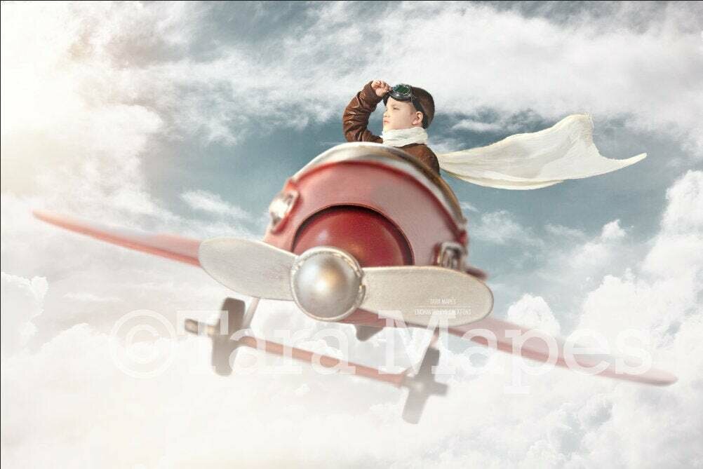 Vintage Airplane Front View in Blue Sky with Sun Digital Background Backdrop