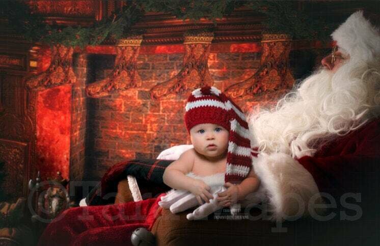 Sitting on Santa's Lap by Fireplace Christmas Digital Background Backdrop