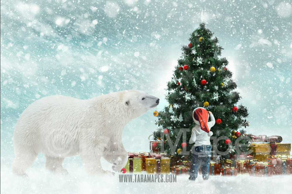 Christmas Polar Bear Decorating Christmas Tree- Polar Bear Decorating Tree - Holiday Funny Christmas Card Idea - Digital Background Backdrop