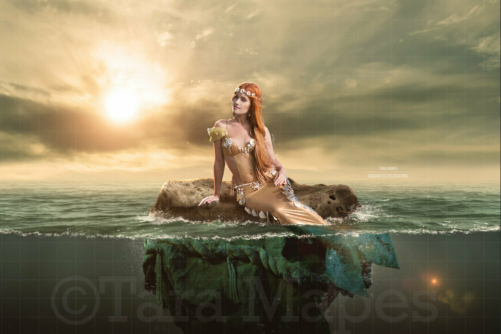 Mermaid Rock in Ocean at Sunset Digital Background / Backdrop