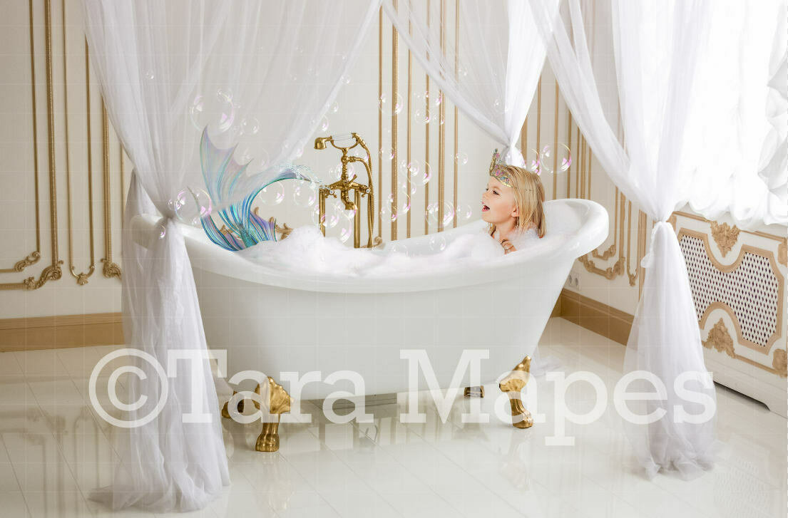 Bathtub Mermaid in Gold and White Luxury Bathroom Digital Background