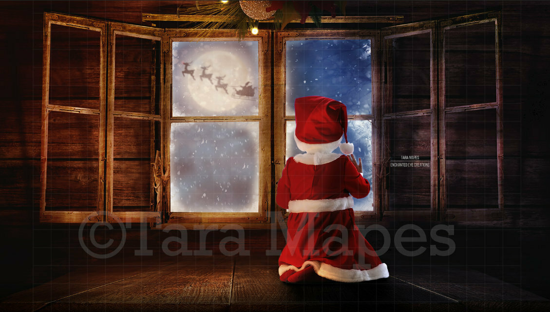 Christmas Attic Window Seat and Window Santa in Moon Digital Background Backdrop