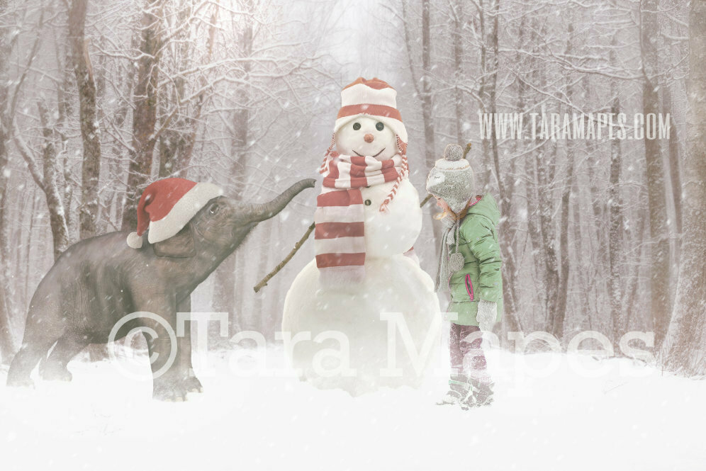 Baby Elephant Building Snowman - Snowy Winter Scene - FREE SNOW OVERLAY - Christmas Elephant - Whimsical Winter Digital Background Backdrop