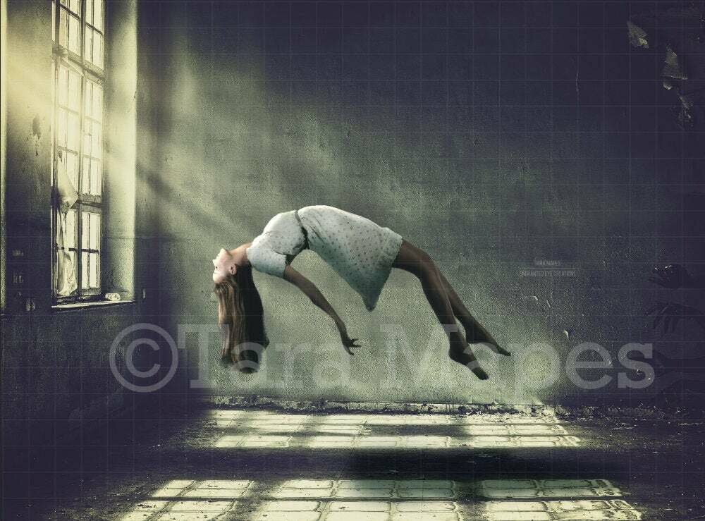 Levitation Scene - Abandoned Building - Window - Halloween Witch Digital Background / Backdrop