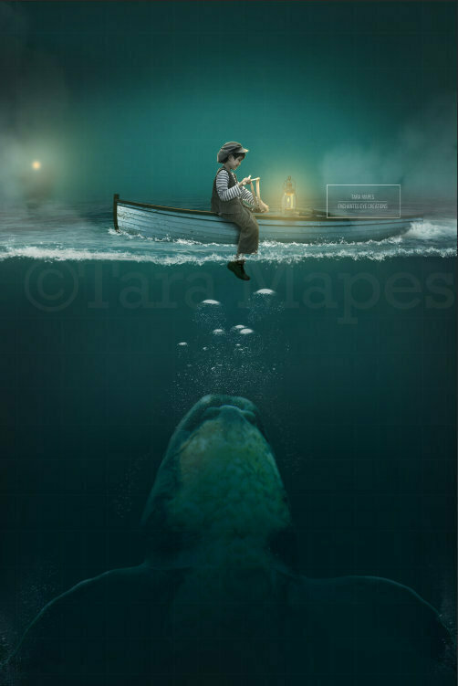Whale Under Boat on Ocean Digital Background / Backdrop