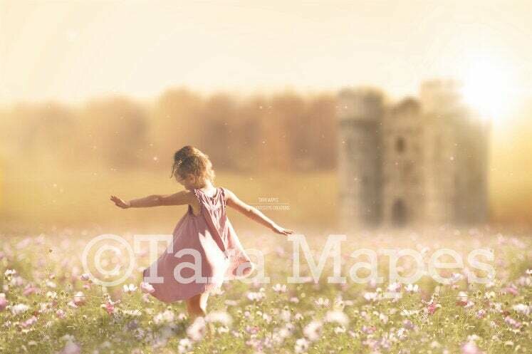 Castle by Warm Field of Flowers Digital Background / Backdrop