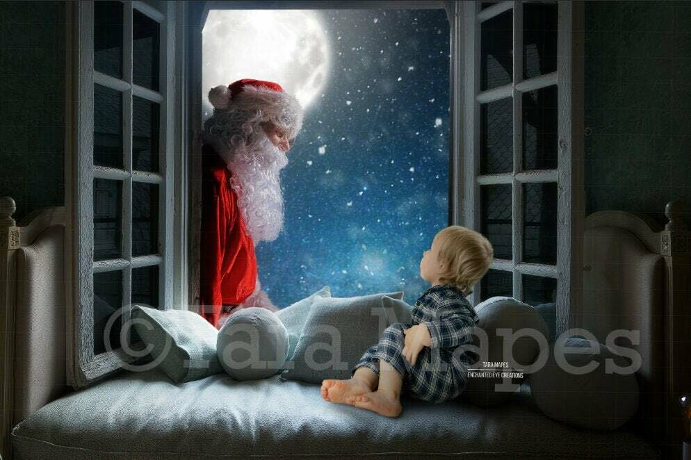 Christmas Window with Santa in Window - Santa in Window Christmas Digital Background Backdrop