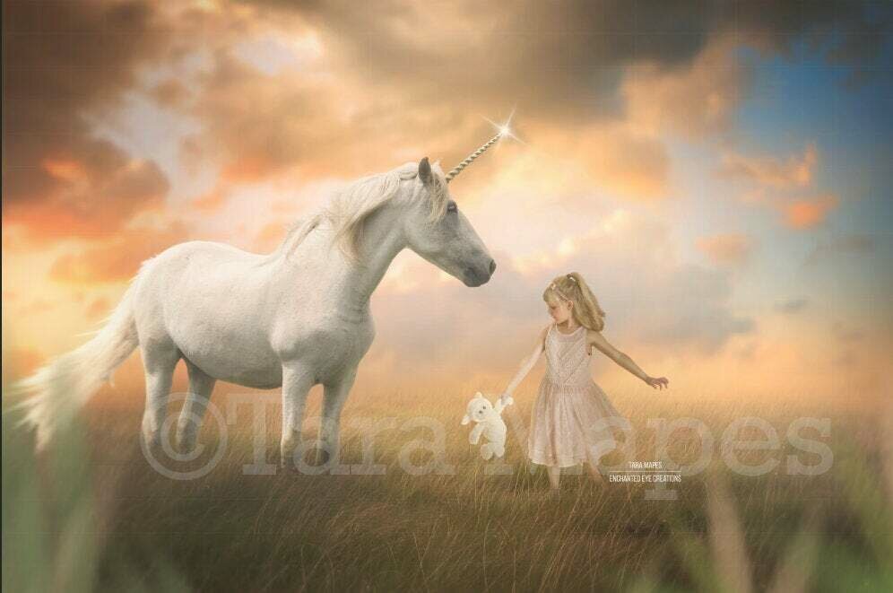 Unicorn in Creamy Sunny Field- Magical Unicorn in Soft Pastel Scene- Digital Background Backdrop