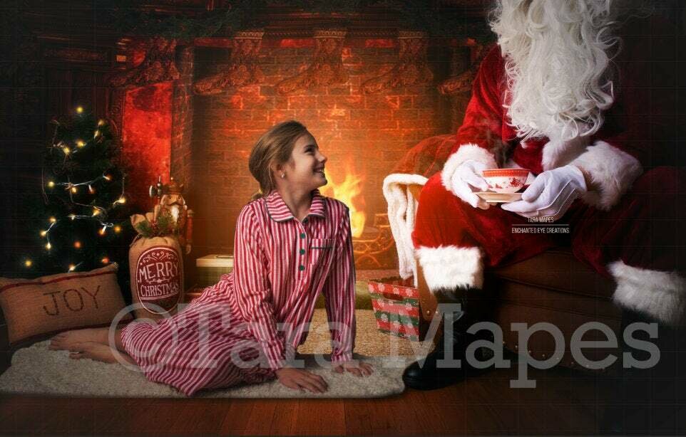 Santa Sipping Tea Cup by Fireplace Christmas Digital Background Backdrop