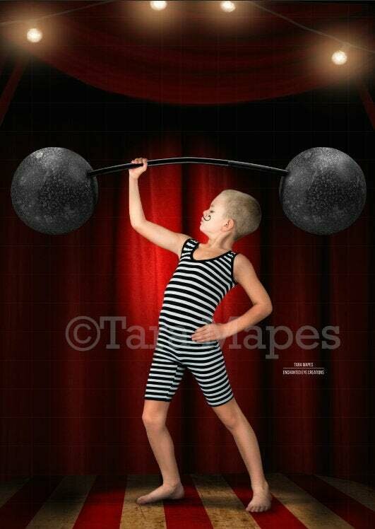 Vintage Circus Strong Man Weight Lifter on Stage with Lights BARBELL PNG Included Digital Background Backdrop
