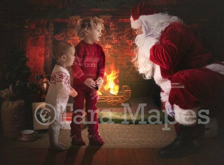 Telling Santa a Secret by Fireplace Christmas Digital Background Backdrop