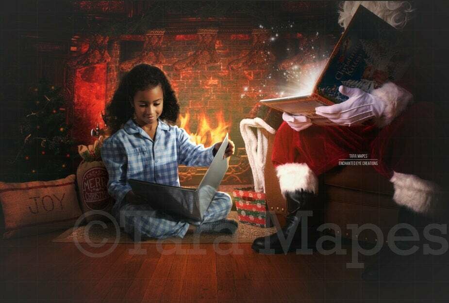 Santa Reading Magic Book by Fireplace Christmas Digital Background Backdrop