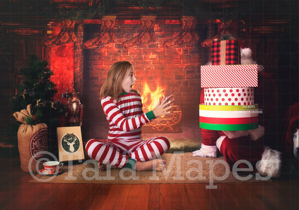 Santa with Stack of Gifts by Fireplace - Christmas Digital Background Backdrop