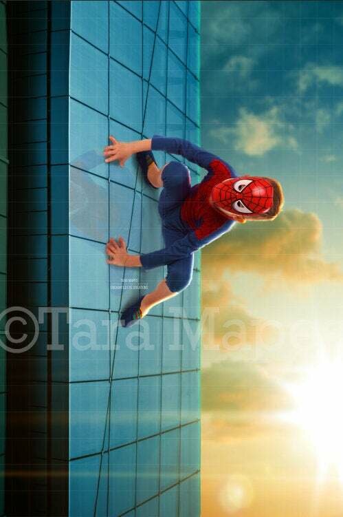 Superhero on Building- Superhero Climbing on Skyscraper Digital Background Backdrop