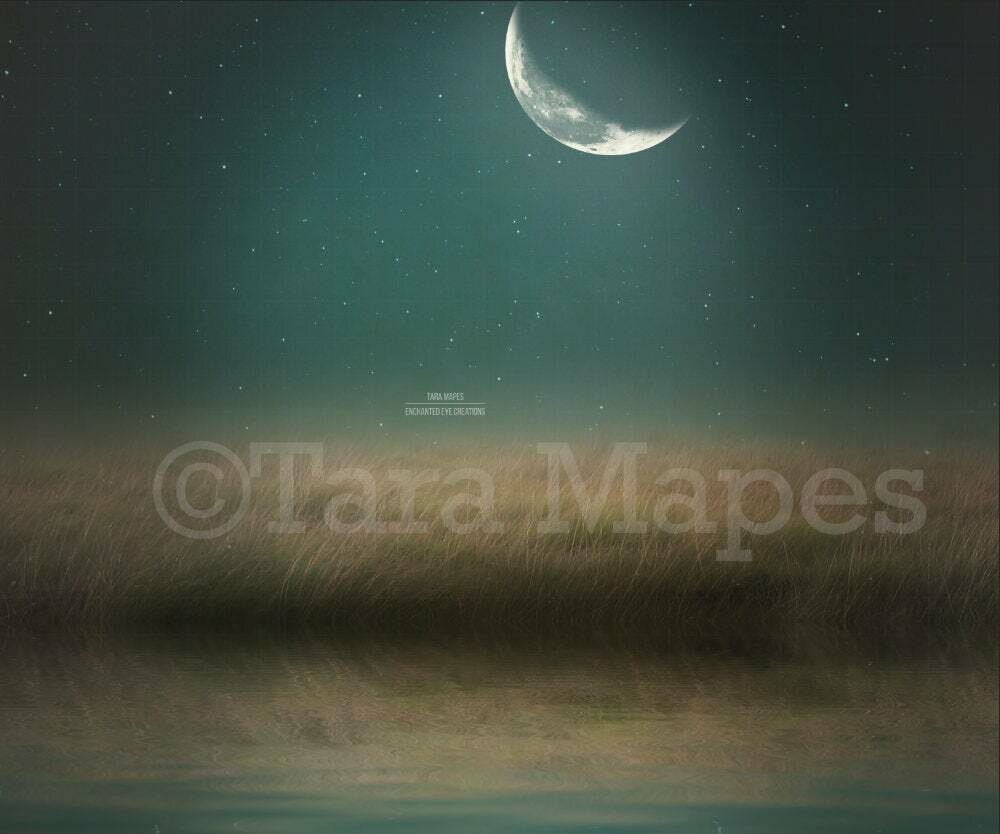 Enchanted Moon by  Lake - Lake in Field by Moon-  Creamy Night- Digital Background Backdrop