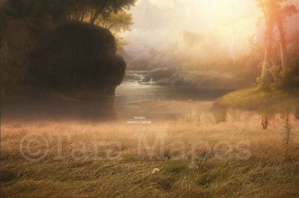 Magical Painterly Creamy Field by Castle - by a Fairytale Forest Castle Digital Background