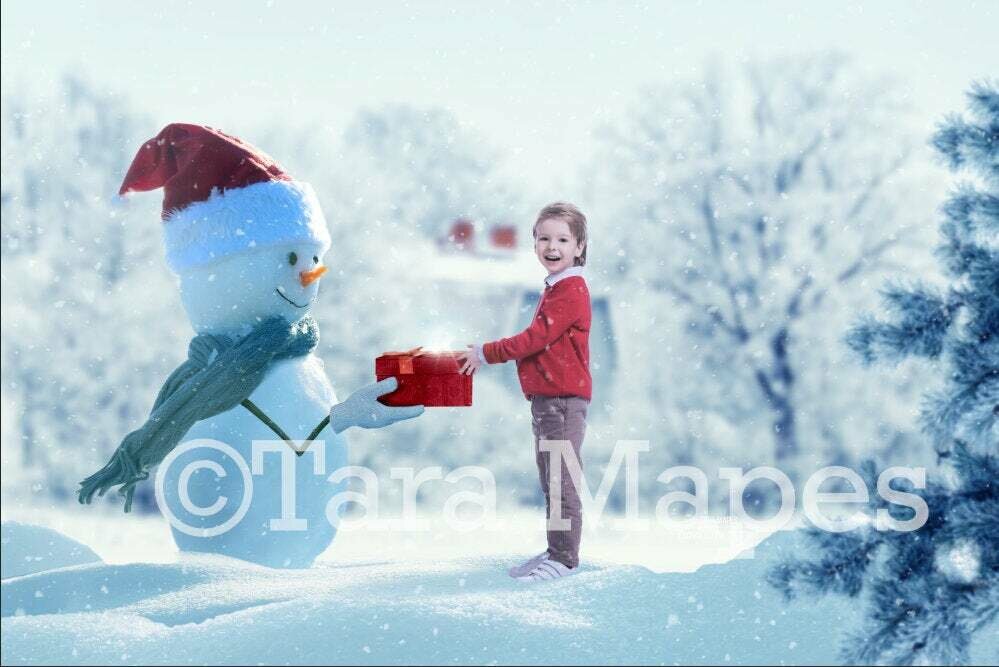 Snowman Giving Gift - Snowman in Hat - Frosty Winter - Christmas Digital Background Backdrop