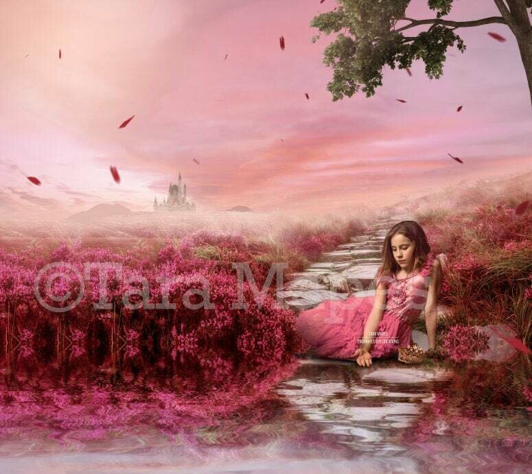 Castle Stairs in Field by Lake - Creamy Field of Flowers Digital Background / Backdrop