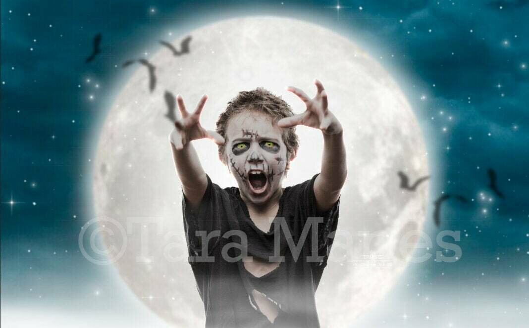 Halloween Moon with Bats - Witch Zombie NIght Halloween Digital Background Backdrop