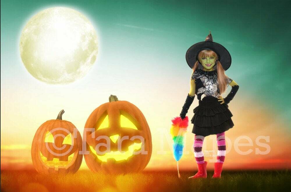Jack o Lantern Sunset - Halloween Scene - Happy Halloween - Smiling Pumpkins - Halloween Digital Background Backdrop
