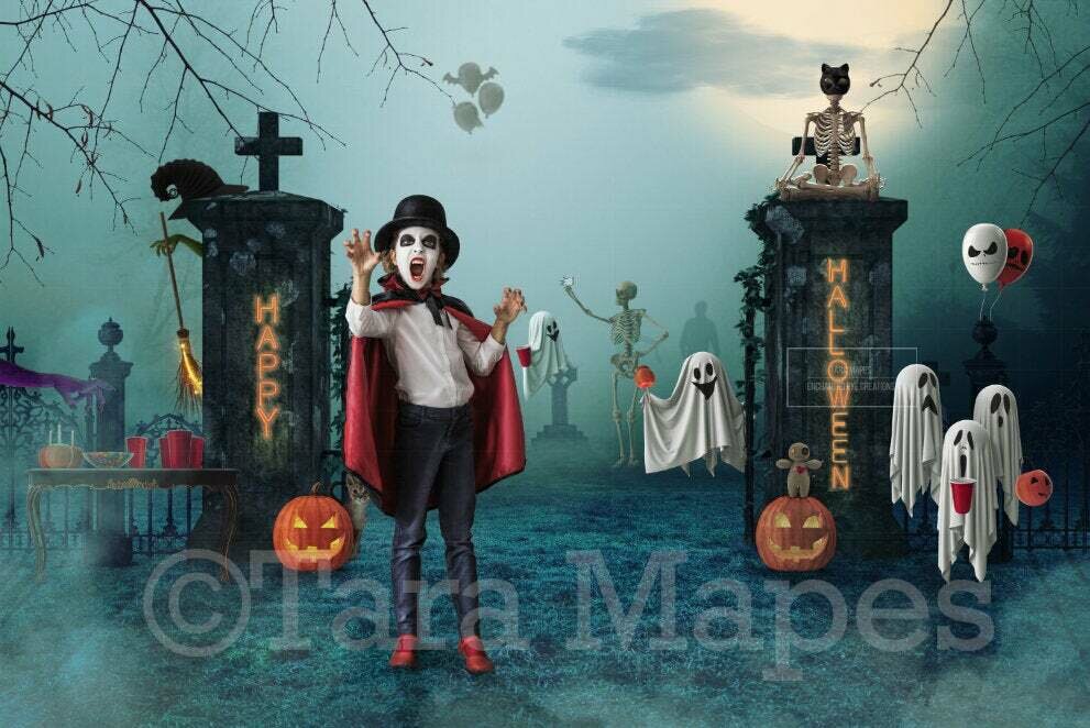 Halloween Graveyard Party - Funny Ghosts Skeletons Pumpkins- Fun Spooky - Kid Friendly Cemetery- Digital Background / Backdrop