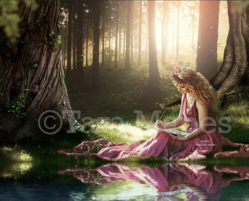 Forest Woods by Pond Lake Sunset Creamy Nature Digital Background Backdrop