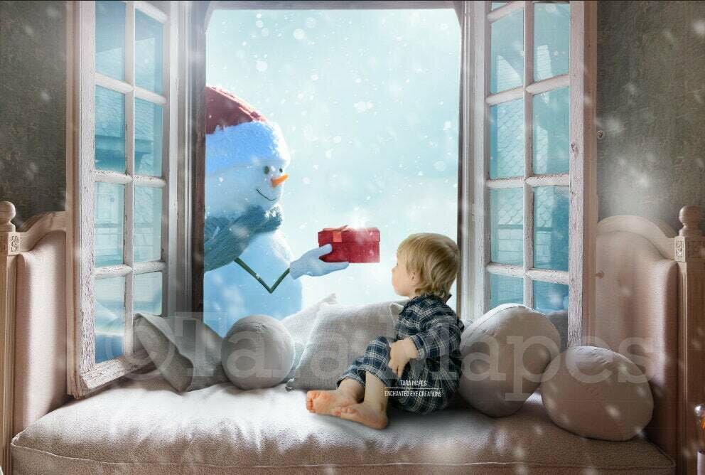 Snowman in Christmas Window with Gift Holiday Magical Digital Background Backdrop