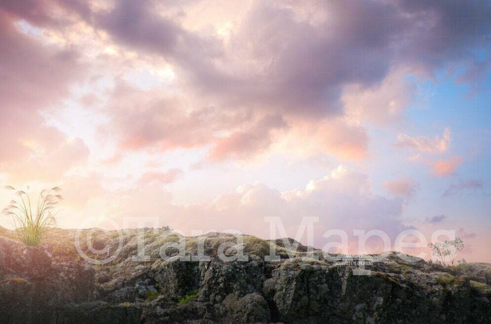 Rock Cliff at Sunset - Rocks Empty Scene for Composite - Beautiful Sky by Cliff Digital Background / Backdrop