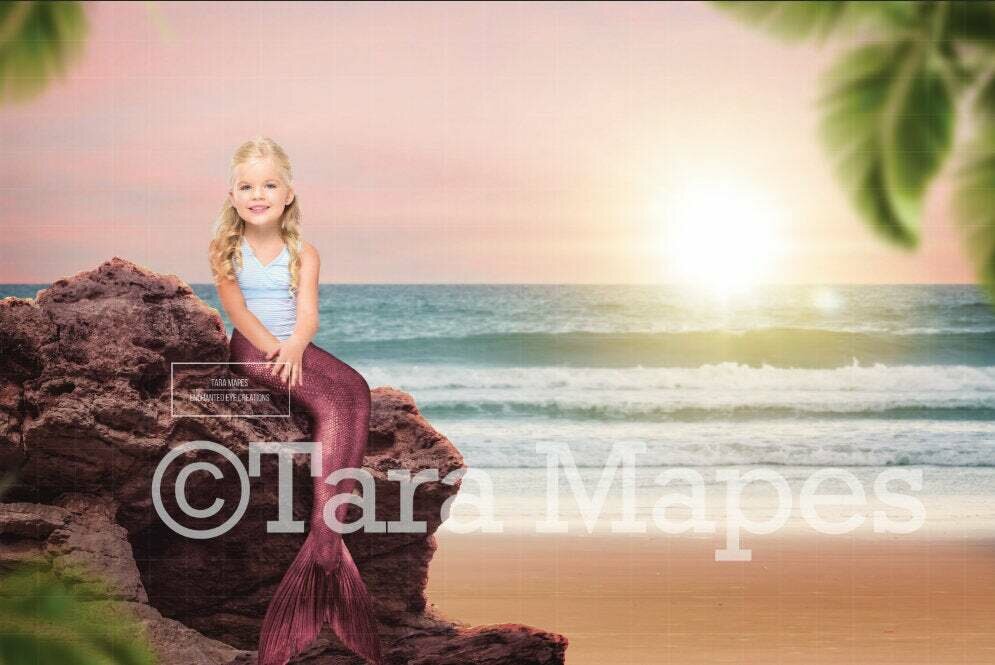 Mermaid Rock on Beach Digital Background / Backdrop