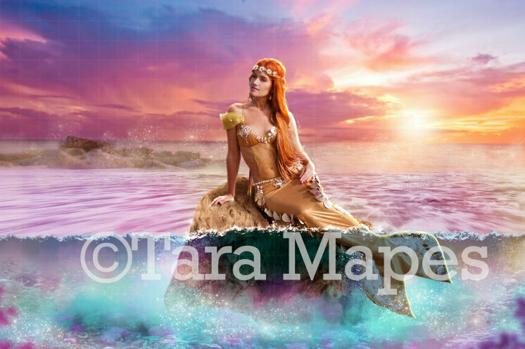 Mermaid Rock in Rainbow Ocean Digital Background / Backdrop