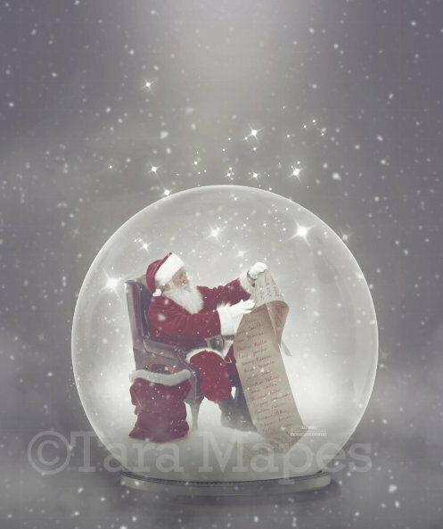 Santa Reading Santa's List inside Magic Snow Globe - Snowglobe Christmas Digital Background Backdrop