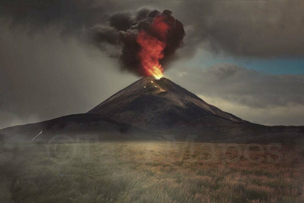Volcano in Field Erupting Digital Background