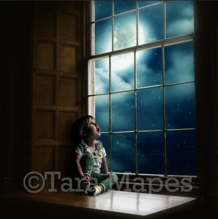 Big Vintage Window at Night with Magical Moon Digital Background Backdrop