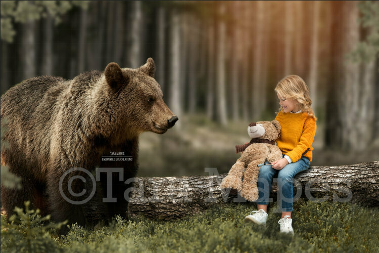 Baby Bear by Log in Forest with Sunlight Digital Background Backdrop
