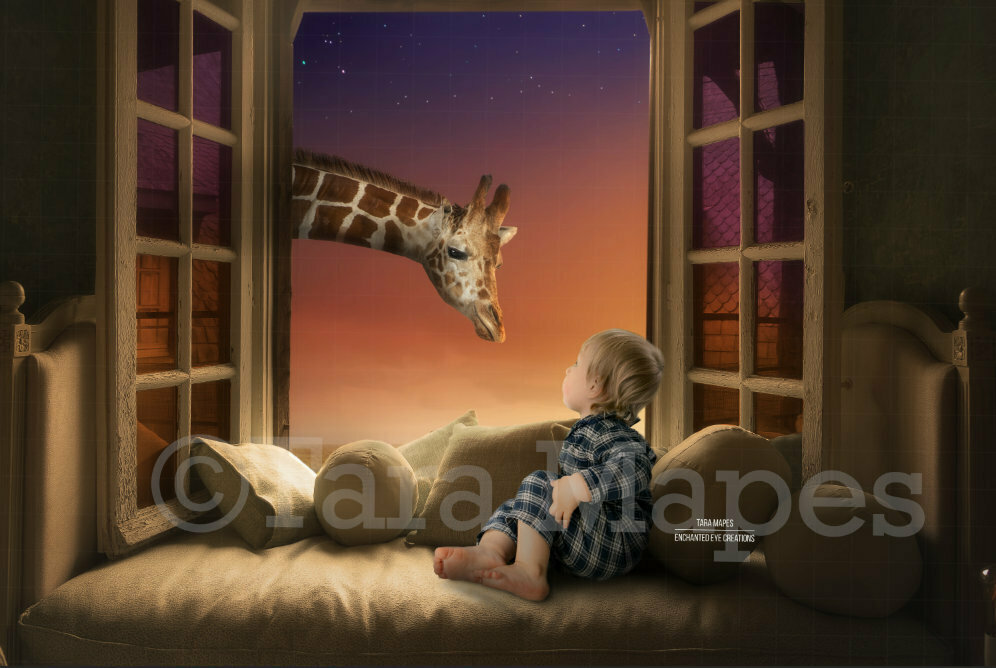Giraffe in Window Sunny Creamy Magical Digital Background Backdrop