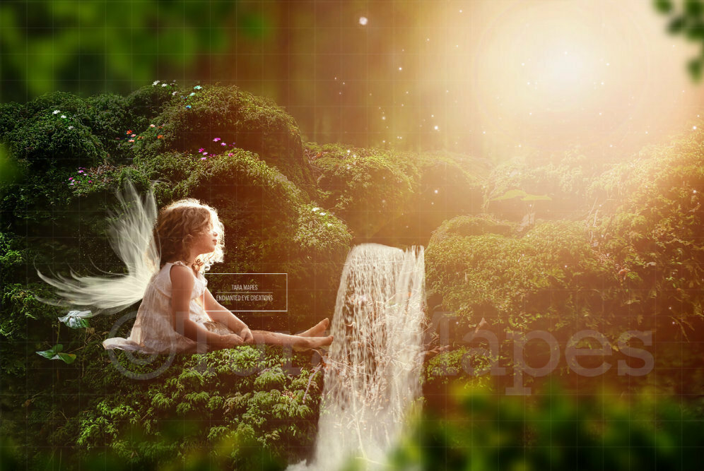 Fairy in Forest by Waterfall Digital Background / Backdrop
