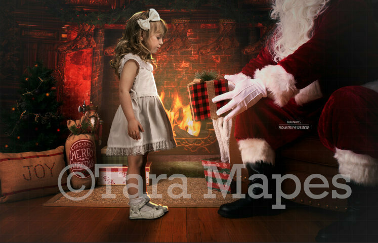 Santa Giving a Gift by Fireplace Christmas Digital Background Backdrop