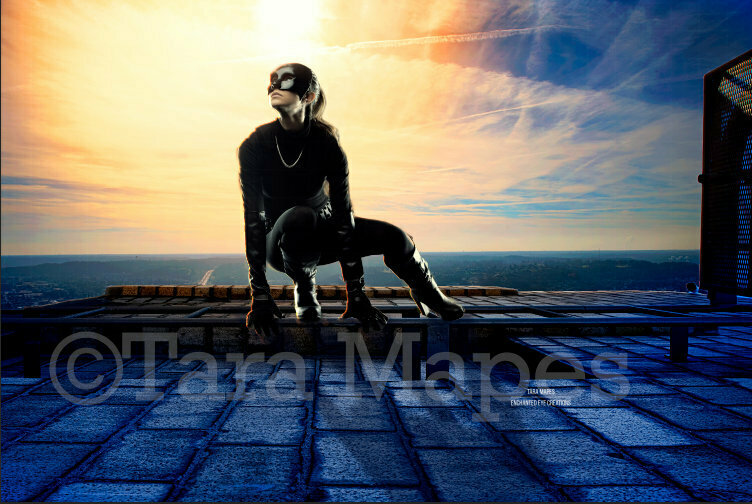 Superhero on Rooftop over City- Rooftop Cityscape- Cincinnati - Digital Background Backdrop